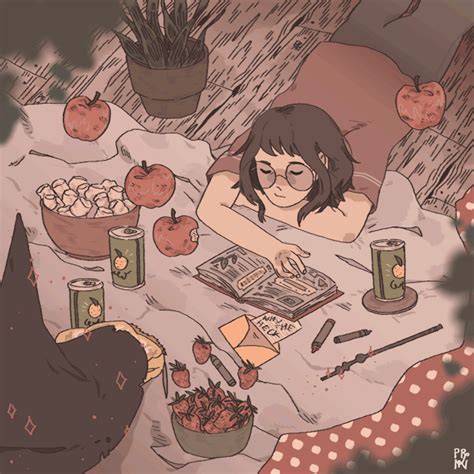 a woman laying in bed with food on the table