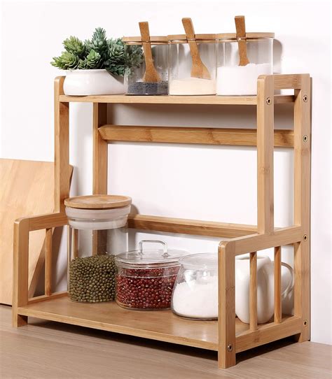 Amazon.com: Bamboo Spice Rack Storage Shelves-2 Tier Kitchen Counter Shelf Standing Holder, Free ...