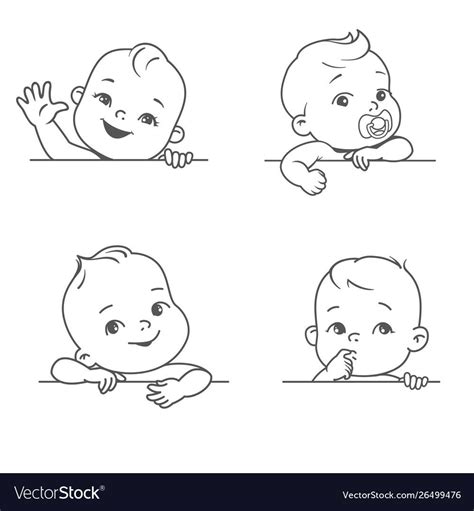 Smiling toddler for logotype template. Outline sketch monochrome style. Cute little baby look ...