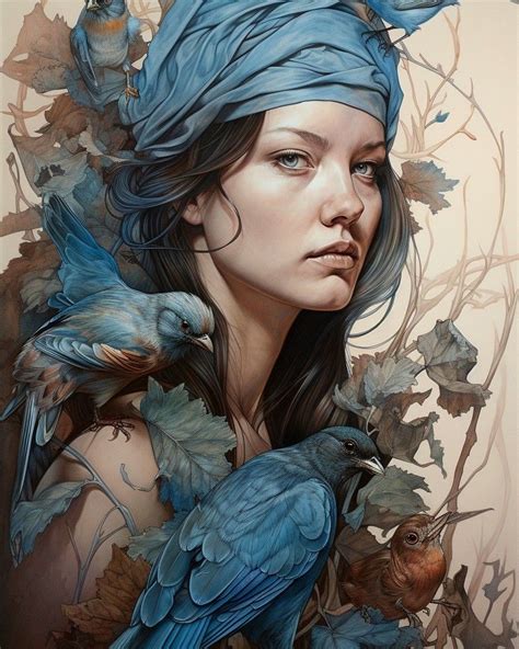 a painting of a woman with blue hair and two birds on her shoulder, surrounded by leaves