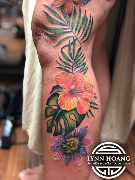 Tropical flowers tattoo Passion flower lilikoi hibiscus split leaf ...