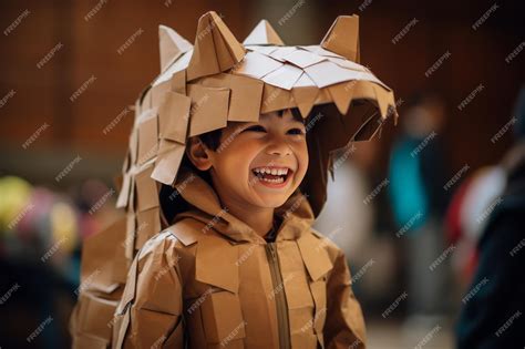 Premium AI Image | Dinomite Smiles Adorable Boy in a Cardboard Dinosaur Costume