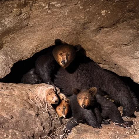 a mother bear and her cubs sleeping in a dark cave | Stable Diffusion