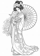 Beautiful Geisha And fan  Japan Coloring Pages For Adults Page sketch template