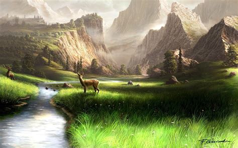 mountains, Landscapes, Animals, Fields, Deer, Artwork, Rivers Wallpapers HD / Desktop and Mobile ...