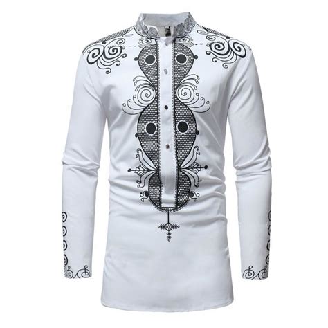 African Tribal Dashiki Longline Shirt 2018 Brand New Long Sleeve Mandarin Collar Dress Shirt Men ...