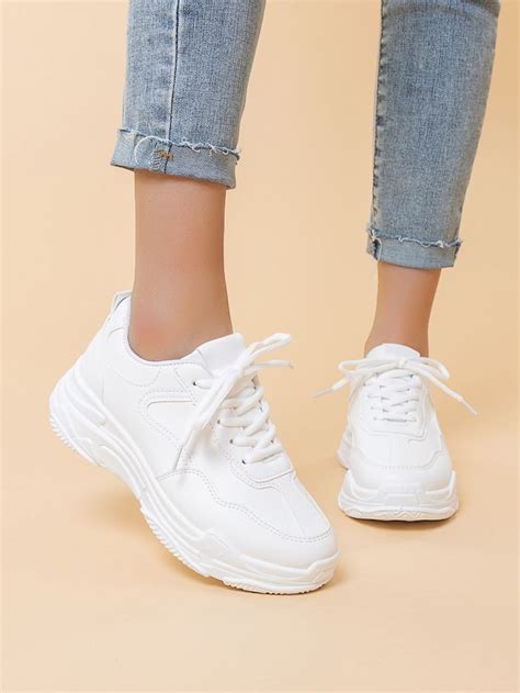 Solid Lace-up Chunky Sneakers | ROMWE USA | White sneakers outfit ...