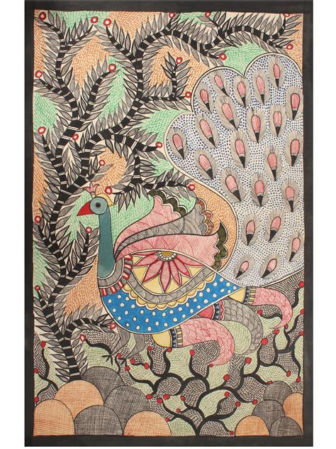 Peacock with Long Tail | Madhubani Painting | Exotic India Art