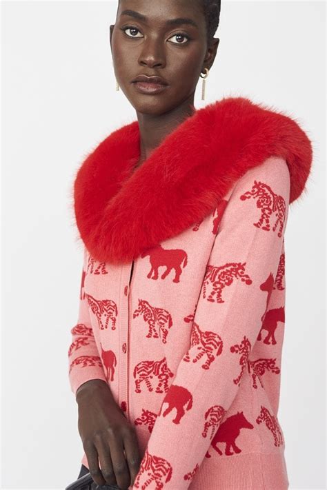 JAYLEY Zebra Design Banana Peel & Cashmere Cardigan with Detachable Faux Fur Collar - Womenswear ...