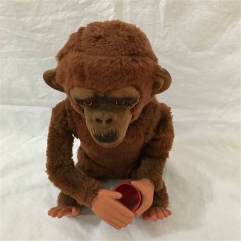 Monkey automated toy with cup battery operated Mid century Japan Fur ...