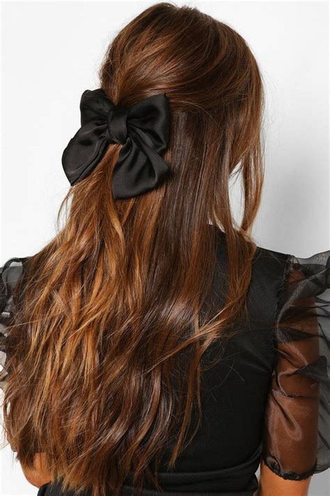 Large Satin Bow | boohoo in 2020 | Warm brunette hair color, Bow hairstyle, Aesthetic hair