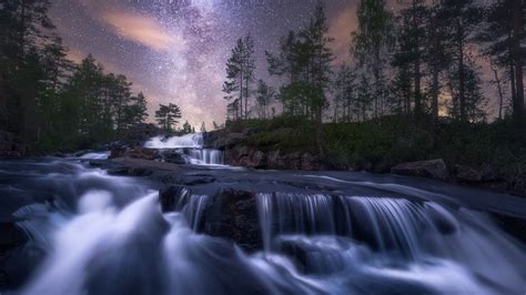 Starry Night Sky over Cascading Waterfalls Image - ID: 358442 - Image Abyss