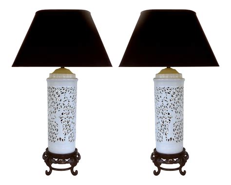 Asian Porcelain & Wood Table Lamps - A Pair | Chairish