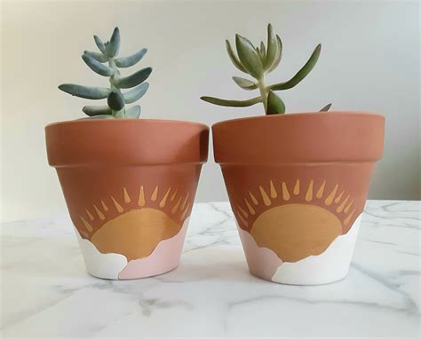 Set of 2-boho Sunburst Clay Pots-4.5 Inch Hand-painted Clay - Etsy