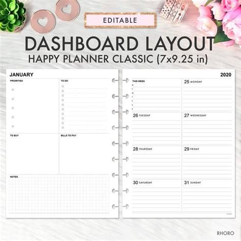 EDITABLE Dashboard Layout CLASSIC Happy Planner Printable | Etsy Happy Planner Cover, To Do ...