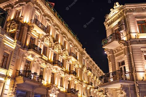 Premium Photo | Old architectural houses in baku city at night