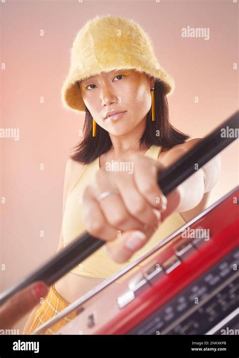Boombox, fashion and woman isolated on gradient background for music, gen z aesthetic and ...