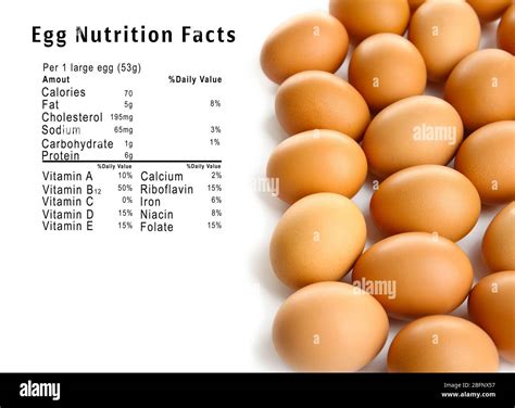 Raw eggs and list of nutrition facts on white background Stock Photo ...