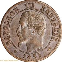 Un centime, tête nue, Napoléon III, 1855, petite ancre, Lyon - Coins