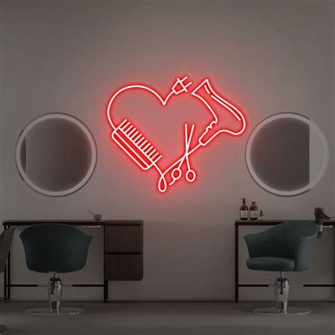 a heart shaped neon sign with scissors and a hair dryer in the corner next to two mirrors