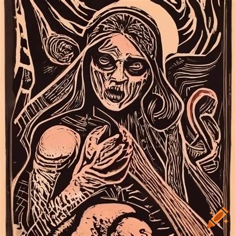 Linocut artwork of unsere the demon of life and motherhood on Craiyon
