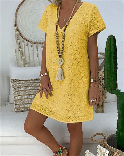 US$ 30.99 - Plus Size Lace V Neck Solid Mini Dress - www.narachic.com