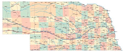 Laminated Map - Large administrative map of Nebraska state with roads, highways and cities ...