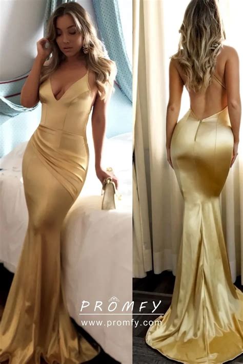 Shiny Gold Satin Asymmetrical Draped Backless V Neckline Mermaid Prom ...