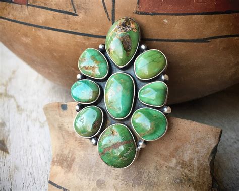 Huge Navajo Green Turquoise Cluster Ring for Women Size 7, Navajo Native American Indian Jewelry