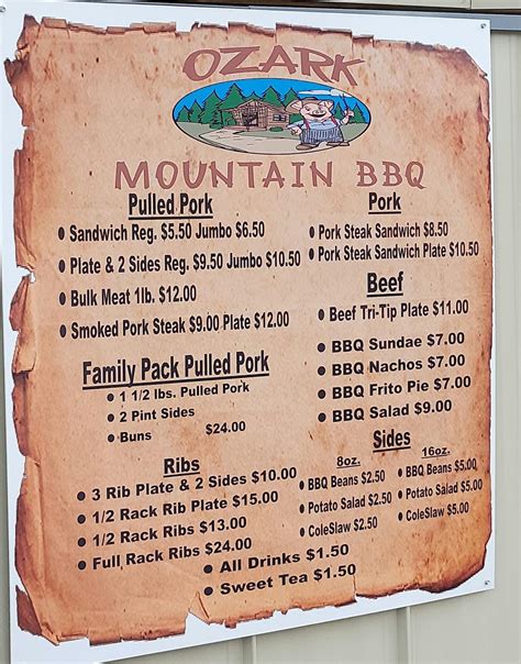 Menu at Ozark Mountain BBQ, Mountain Home