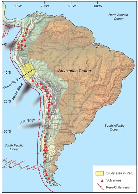 Topographic overview map of South America showing the distribution of ...