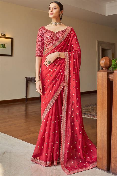 Buy Red Soft Organza Silk Embroidered Saree Online | Like A Diva