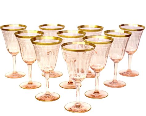 Vintage Gold Rim Crystal Wine Glasses Pink Optic Etched Glass Set of 10 ...