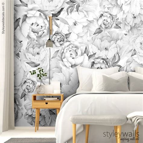 Peony Wallpaper, Peony Wall Mural, Peonies Floral Wallpaper, Black and White Watercolor Flowers ...