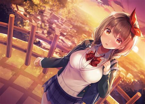 Wallpaper cute anime girl school uniform sunset - free pictures on Fonwall