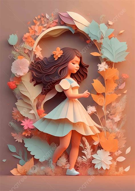 Little Girl Is Playing With Leaf And Flower Ornament Paper Art Design Background Wallpaper Image ...