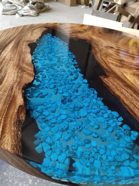 Parota Walnut White Pebbles Blue River Table | Diy resin river table, Diy resin crafts, Wood ...