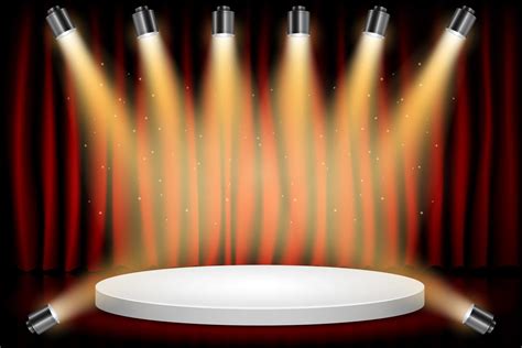 White Round Winner Podium on Red Curtain Theater Scene Stage Background ...