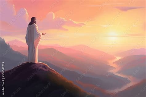 Jesus Christ in the sunset standing on the mountaintop, praying to God ...