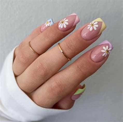 Multi color short acrylic nail french tip daisy nail art design summer spring 2021 | Summery ...