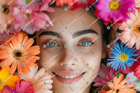 A woman smiling with flowers around her face - Unique Photo on All-Images