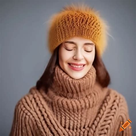 Woman wearing a chunky knit turtleneck sweater and winter hat with fur pompom