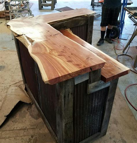 Barnwood bar with live edge Cedar tops and barn tin sides | Diy home bar, Wood bar top, Rustic ...