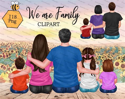 a family sitting on a bench in front of sunflowers with the words we are family clipart
