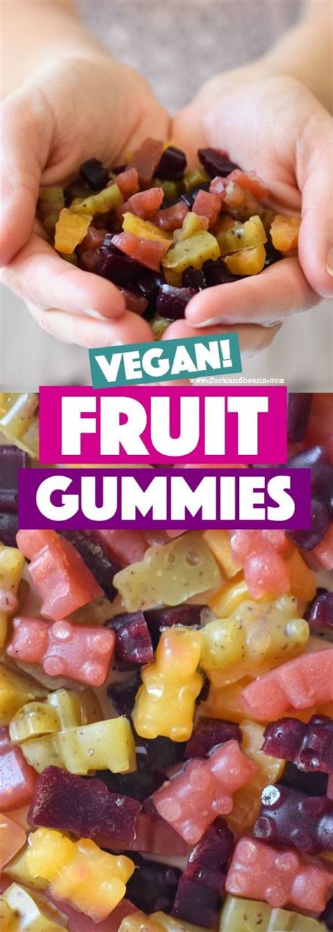 two hands holding fruit and vegetables in front of the words vegan fruit gummies