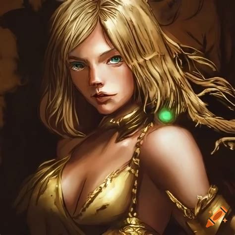 Illustration of sophitia in golden cloth on Craiyon