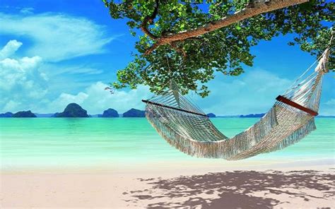 Relaxing hammock on the beautiful blue water Wallpaper Download 5120x3200