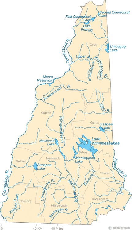 Map of New Hampshire Lakes, Streams and Rivers