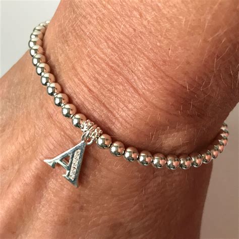 Sterling Silver Letter Charm Stretch Beaded Bracelet, UK Handmade Gift, Custom Sizes, Gift Boxed