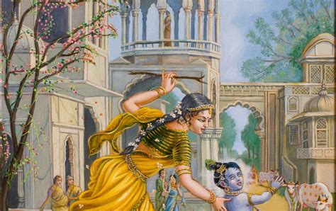 Daily Painting by Artist Dominique Amendola: Damodar-Yashoda chasing after baby Krishna